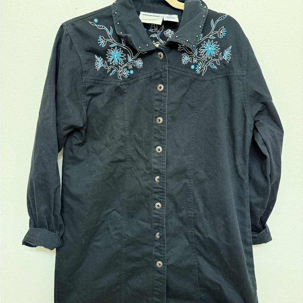 Michael Simon Black Shirt Dress with Blue Beaded Embroidery